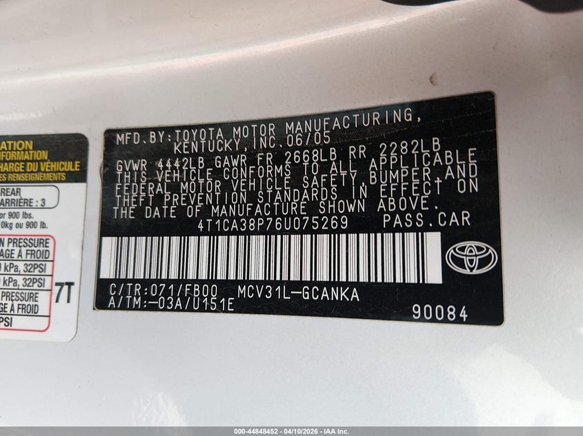 2006 Toyota Camry Solara Se V6 VIN: 4T1CA38P76U075269 Lot: 44848452