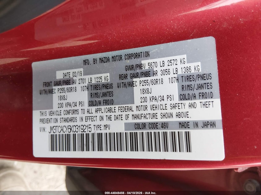 2019 Mazda Cx-9 Touring VIN: JM3TCACY6K0319215 Lot: 44848456