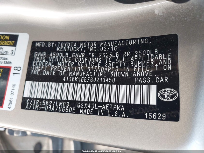 2016 Toyota Avalon Limited VIN: 4T1BK1EB7GU213450 Lot: 44848467