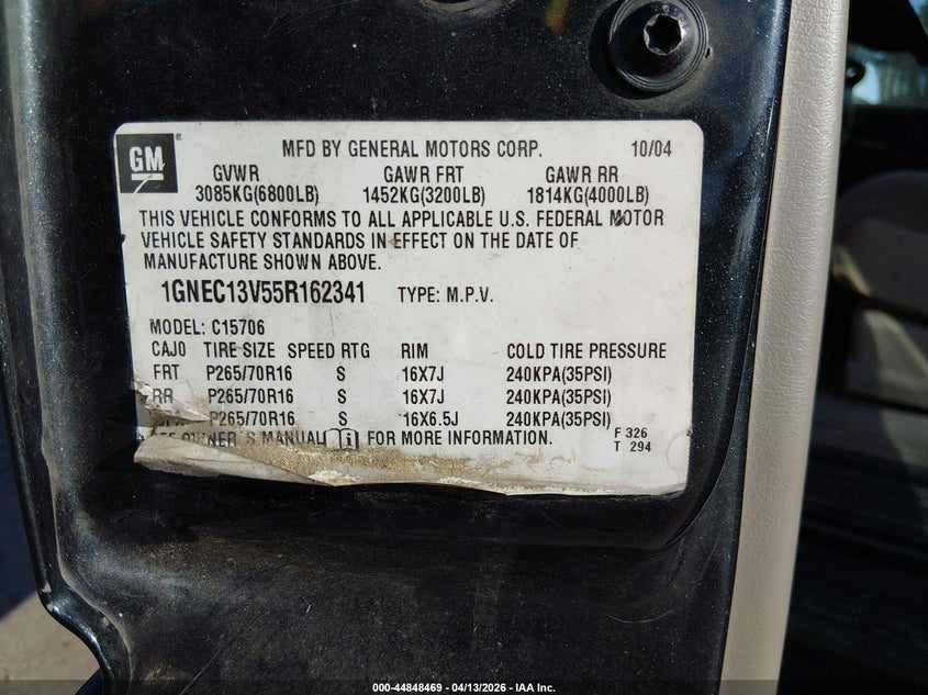 2005 Chevrolet Tahoe Ls VIN: 1GNEC13V55R162341 Lot: 44848469