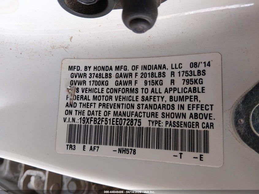 2014 Honda Civic 1.8 Lx white Lot 111044848486 Vin 19XFB2F51EE072875