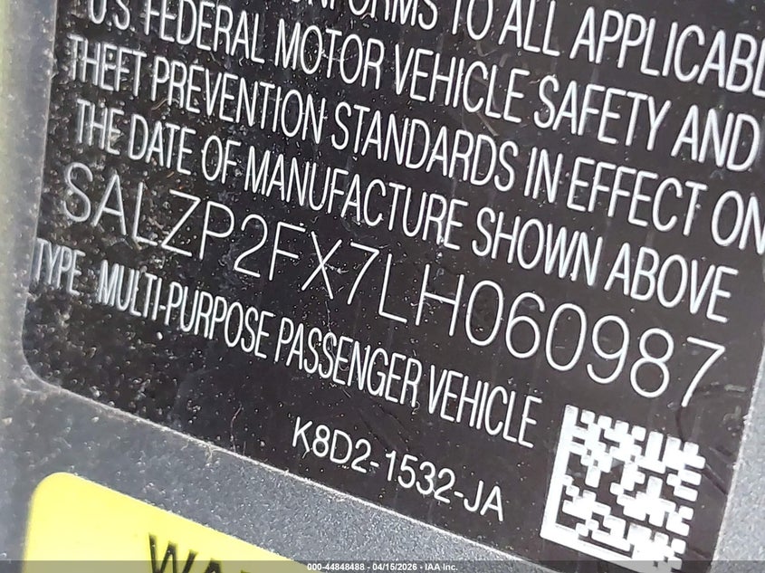 2020 Land Rover Range Rover Evoque Se VIN: SALZP2FX7LH060987 Lot: 44848488