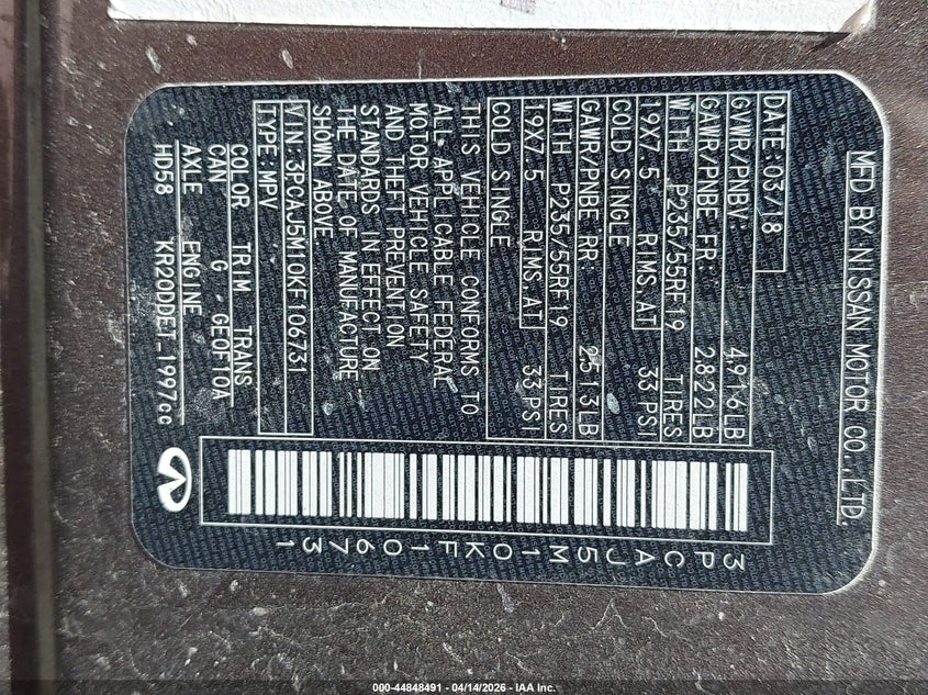 2019 Infiniti Qx50 Essential VIN: 3PCAJ5M10KF106731 Lot: 44848491