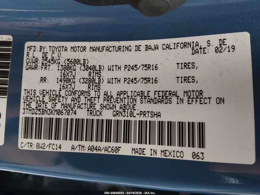 VIN 3TMDZ5BN3KM067074 2019 TOYOTA TACOMA SR5 V6