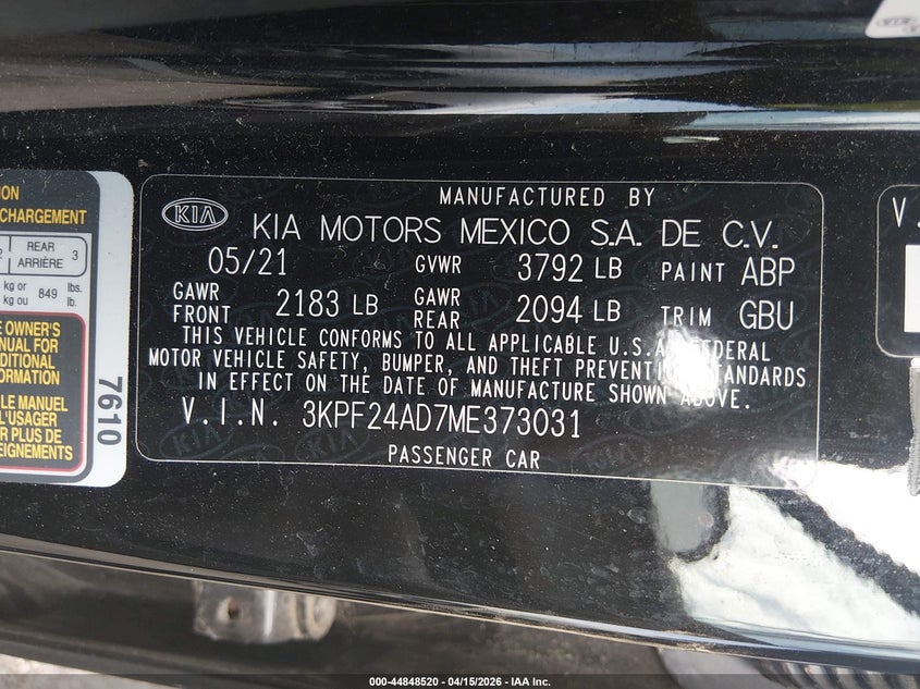 2021 Kia Forte Lxs VIN: 3KPF24AD7ME373031 Lot: 44848520