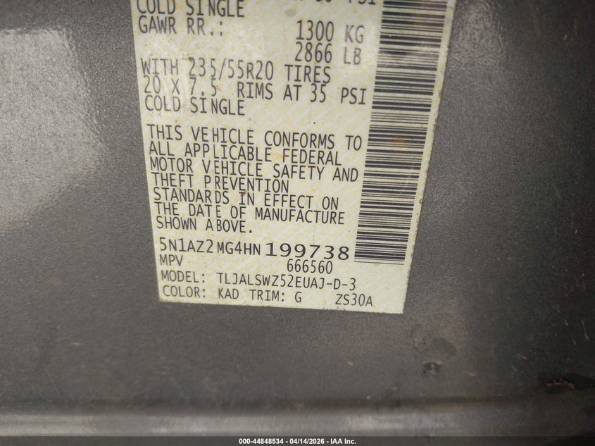 2017 Nissan Murano Platinum VIN: 5N1AZ2MG4HN199738 Lot: 44848534