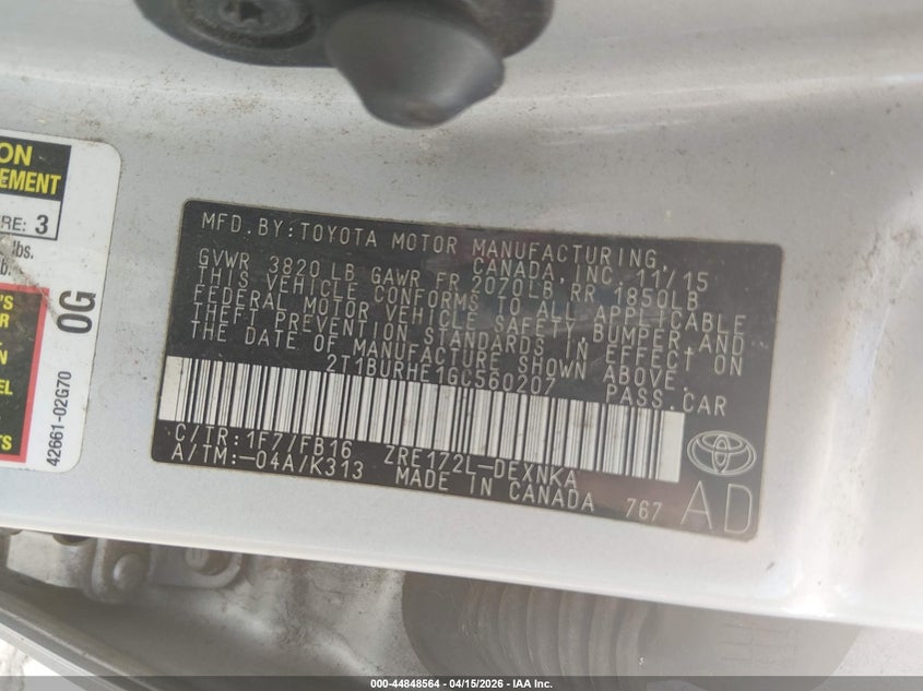 2016 Toyota Corolla Le VIN: 2T1BURHE1GC560207 Lot: 44848564