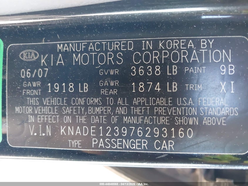 2007 Kia Rio Lx VIN: KNADE123976293160 Lot: 44848568