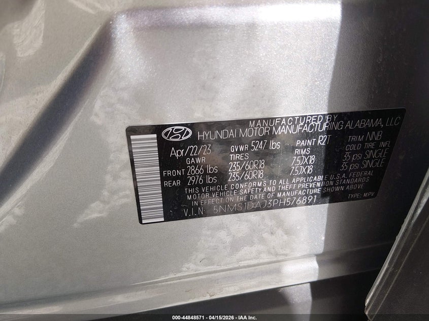 2023 Hyundai Santa Fe Se VIN: 5NMS1DAJ3PH576891 Lot: 44848571