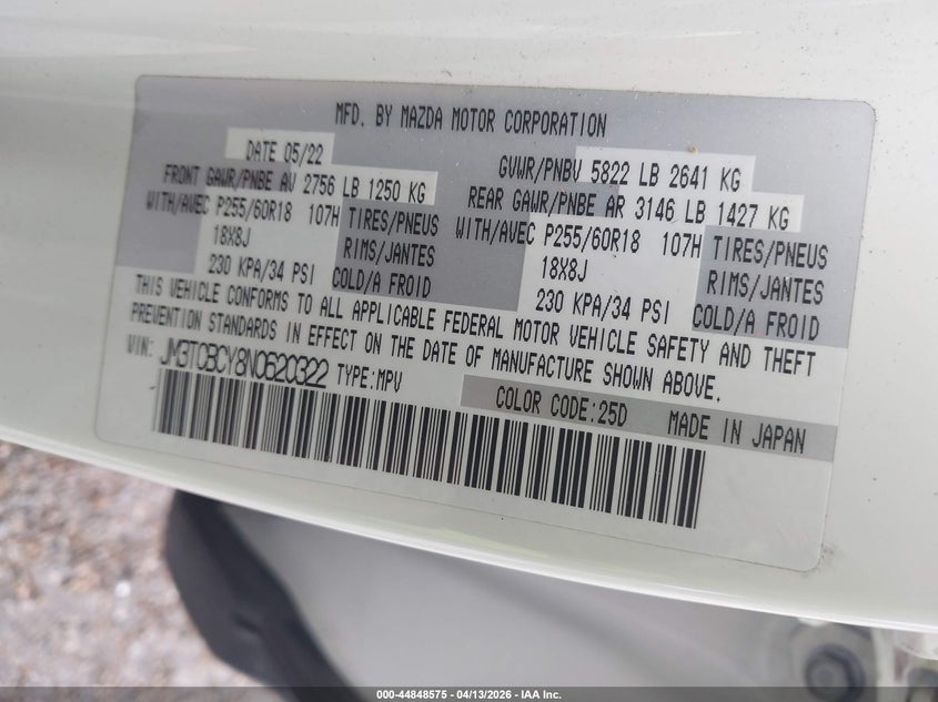 2022 Mazda Cx-9 Touring VIN: JM3TCBCY8N0620322 Lot: 44848575