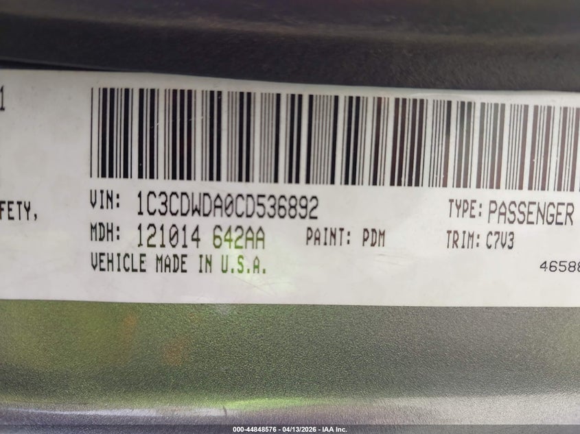 2012 Dodge Caliber Sxt VIN: 1C3CDWDA0CD536892 Lot: 44848576