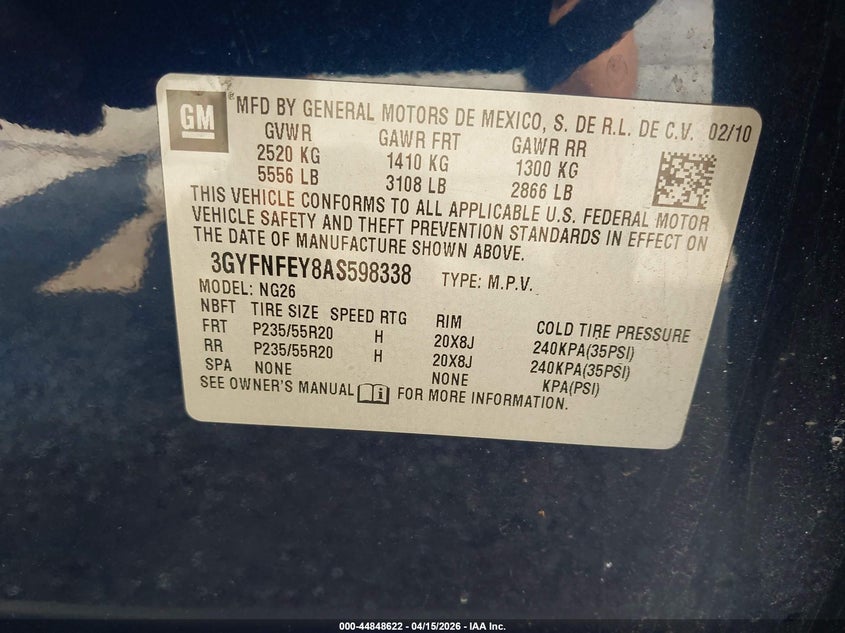 2010 Cadillac Srx Premium Collection VIN: 3GYFNFEY8AS598338 Lot: 44848622