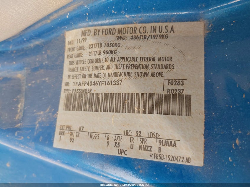 2000 Ford Mustang VIN: 1FAFP4046YF161337 Lot: 44848626