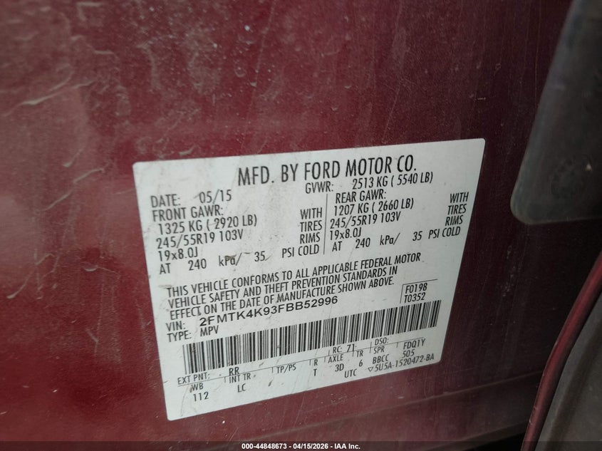 2015 Ford Edge Titanium VIN: 2FMTK4K93FBB52996 Lot: 44848673