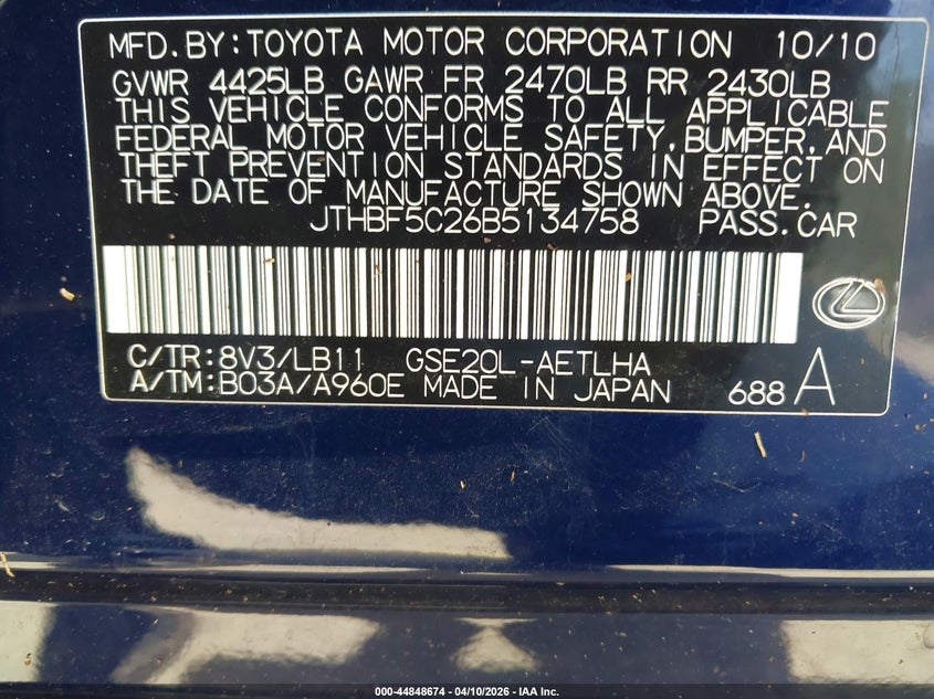 2011 Lexus Is 250 VIN: JTHBF5C26B5134758 Lot: 44848674
