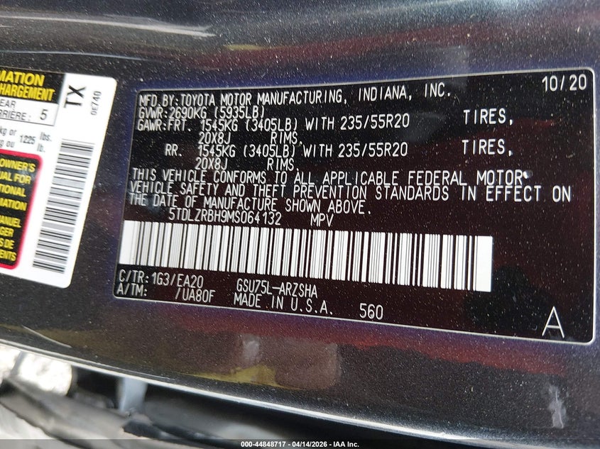 2021 Toyota Highlander Xse VIN: 5TDLZRBH9MS064132 Lot: 44848717