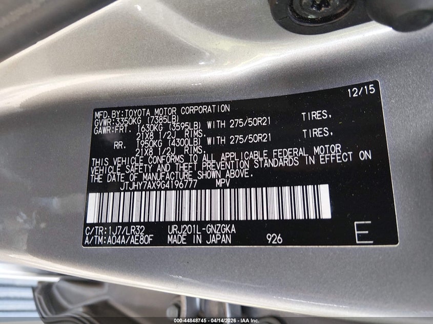 2016 Lexus Lx 570 VIN: JTJHY7AX9G4196777 Lot: 44848745