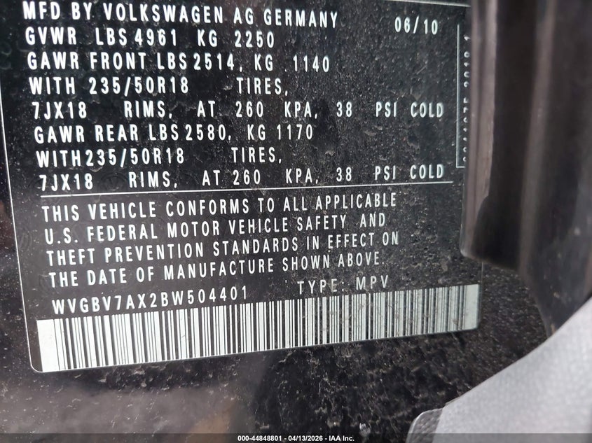 2011 Volkswagen Tiguan Sel VIN: WVGBV7AX2BW504401 Lot: 44848801