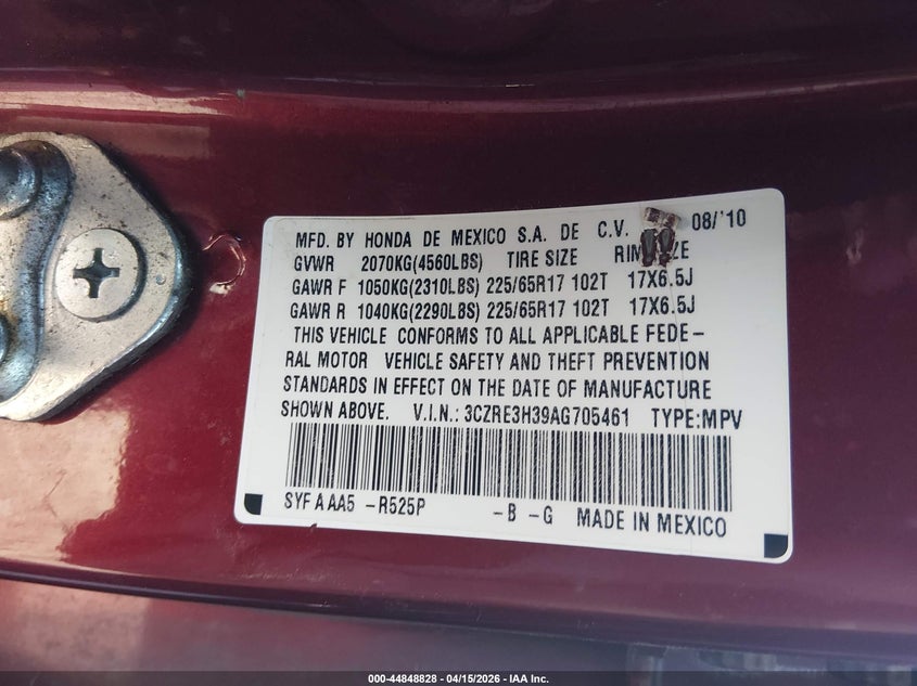 2010 Honda Cr-V Lx VIN: 3CZRE3H39AG705461 Lot: 44848828