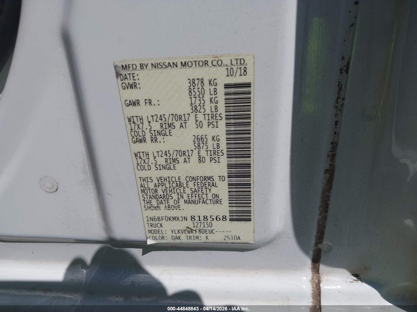 2018 Nissan Nv Cargo Nv1500 S V6 VIN: 1N6BF0KMXJN818568 Lot: 44848843