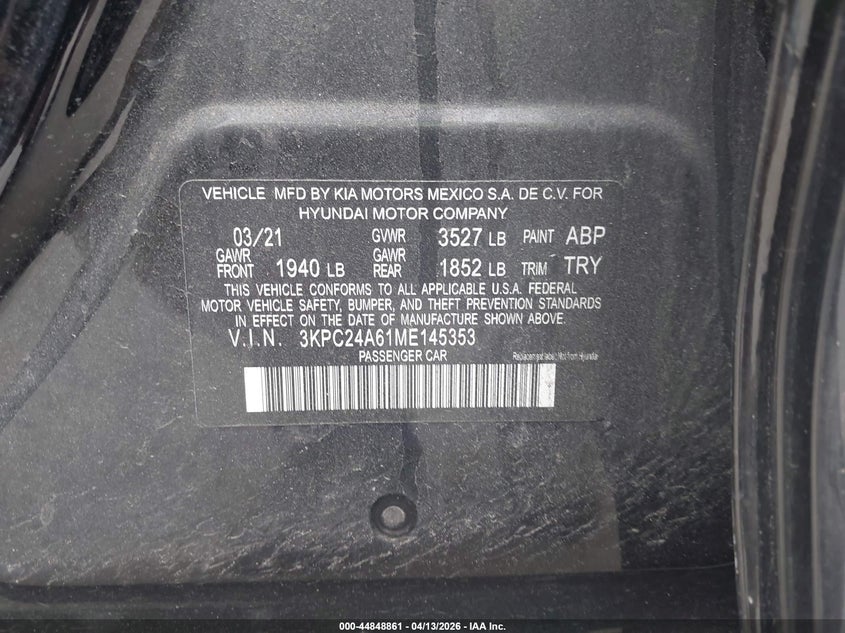 2021 Hyundai Accent Sel VIN: 3KPC24A61ME145353 Lot: 44848861