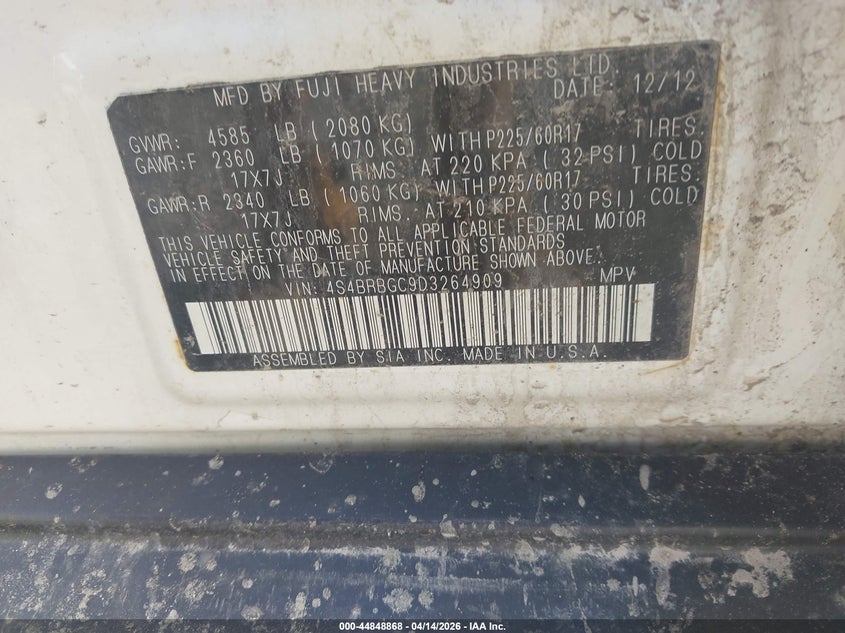 2013 Subaru Outback 2.5I Premium VIN: 4S4BRBGC9D3264909 Lot: 44848868