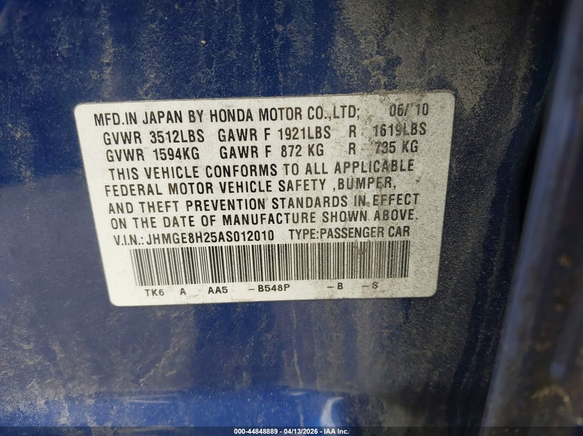 2010 Honda Fit VIN: JHMGE8H25AS012010 Lot: 44848889