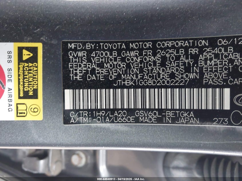 2013 Lexus Es 350 VIN: JTHBK1GG8D2002227 Lot: 44848913