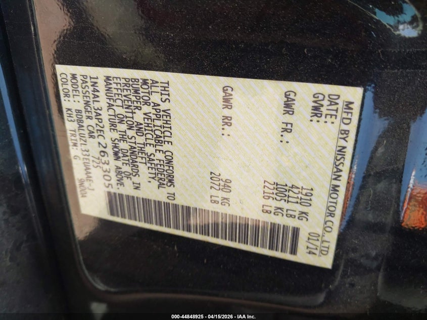 2014 Nissan Altima 2.5 Sv VIN: 1N4AL3AP2EC263305 Lot: 44848925