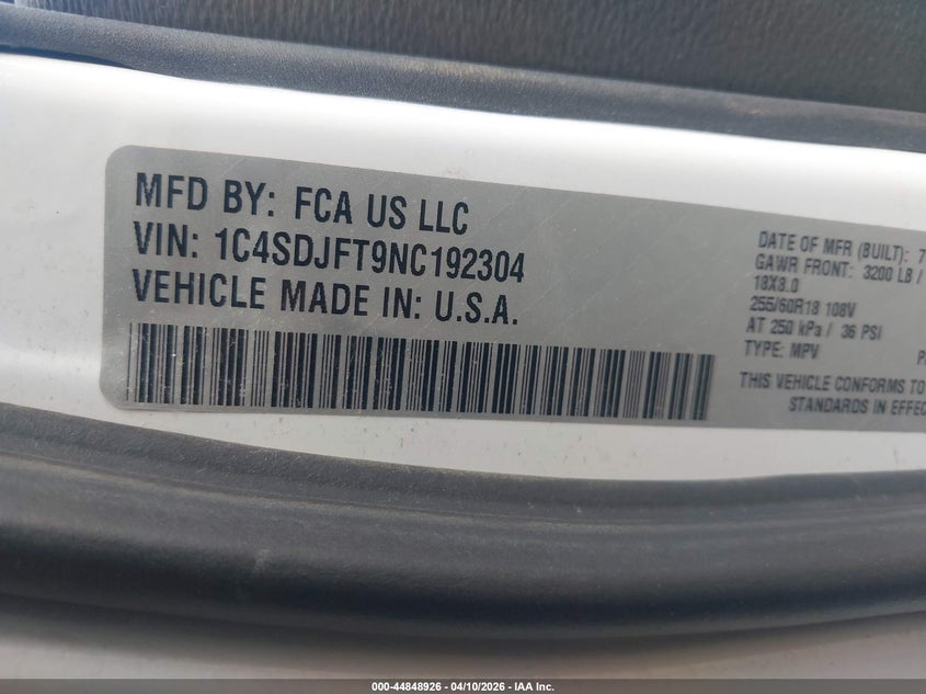 2022 Dodge Durango Pursuit Awd VIN: 1C4SDJFT9NC192304 Lot: 44848926