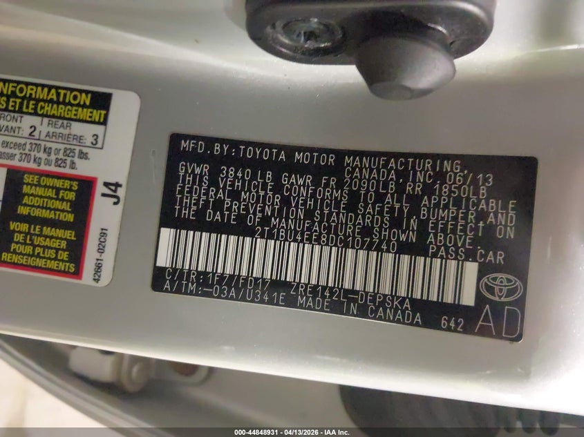 2013 Toyota Corolla 1.8 S silver Lot 111044848931 Vin 2T1BU4EE8DC107740