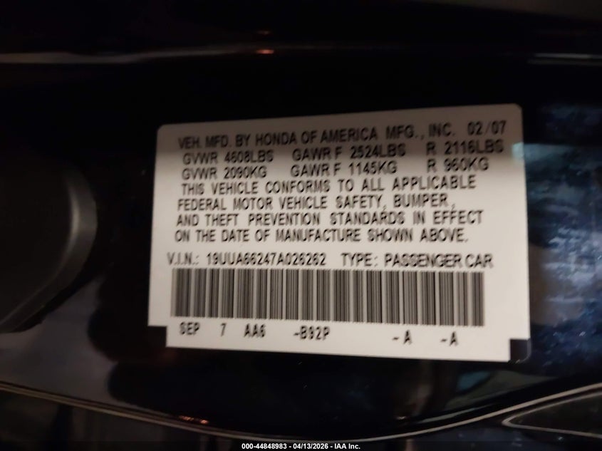 2007 Acura Tl 3.2 VIN: 19UUA66247A026262 Lot: 44848983
