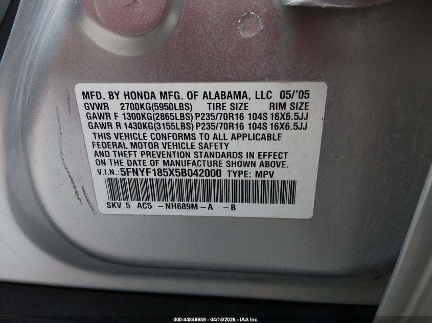 2005 Honda Pilot Ex-L VIN: 5FNYF185X5B042000 Lot: 44848989