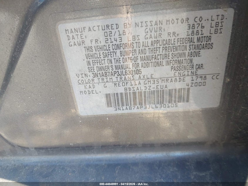 2018 Nissan Sentra Sv VIN: 3N1AB7AP3JL630105 Lot: 44848991