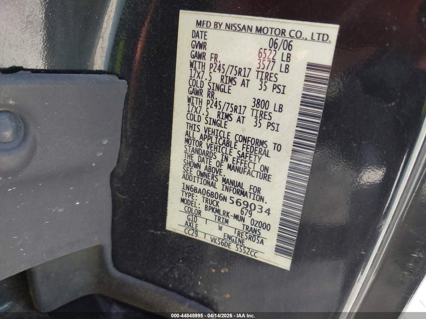2006 Nissan Titan Xe VIN: 1N6BA06B06N569034 Lot: 44848995