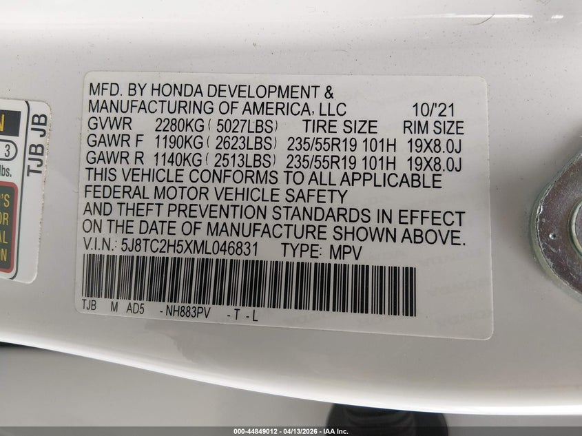 2021 Acura Rdx Technology Package VIN: 5J8TC2H5XML046831 Lot: 44849012
