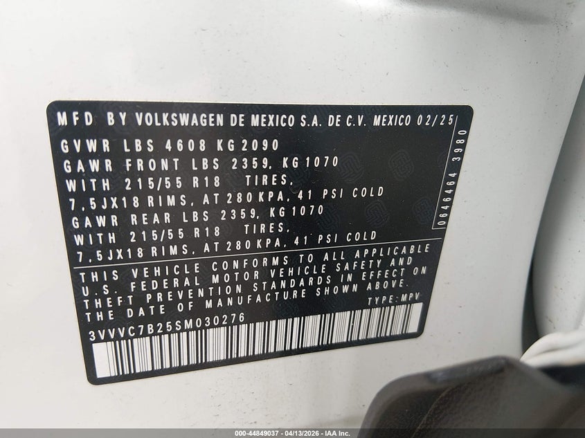 2025 Volkswagen Taos 1.5T Se VIN: 3VVVC7B25SM030276 Lot: 44849037