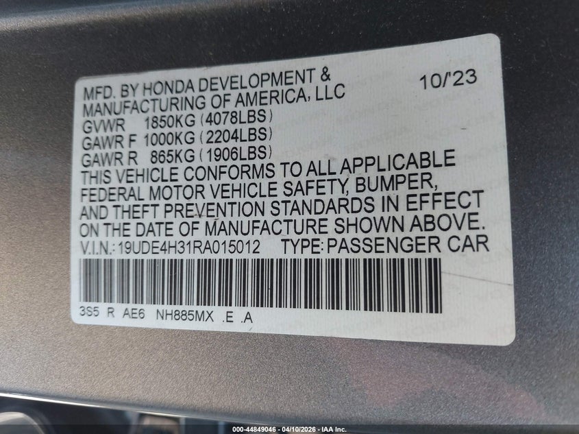 2024 Acura Integra A-Spec VIN: 19UDE4H31RA015012 Lot: 44849046