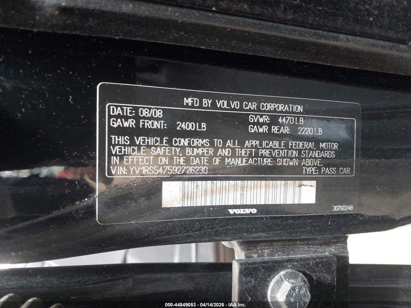 2009 Volvo S60 T5 (Fleet Only) VIN: YV1RS547592726230 Lot: 44849053