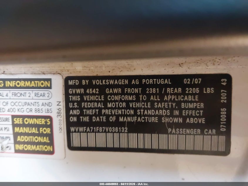 2007 Volkswagen Eos 2.0T VIN: WVWFA71F87V036132 Lot: 43936758