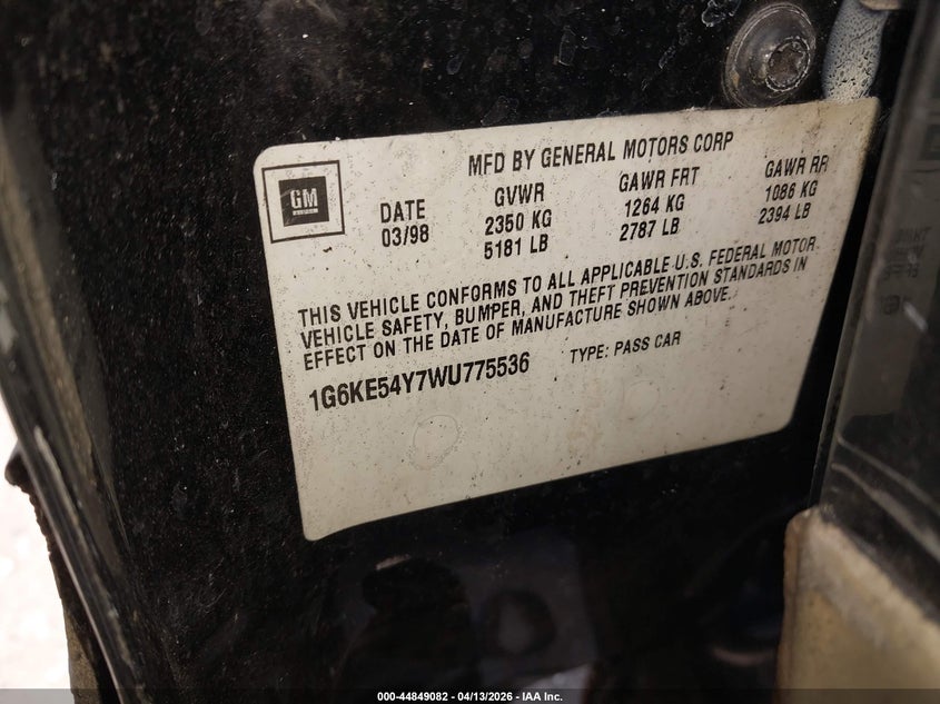 1998 Cadillac Deville D'elegance VIN: 1G6KE54Y7WU775536 Lot: 44849082