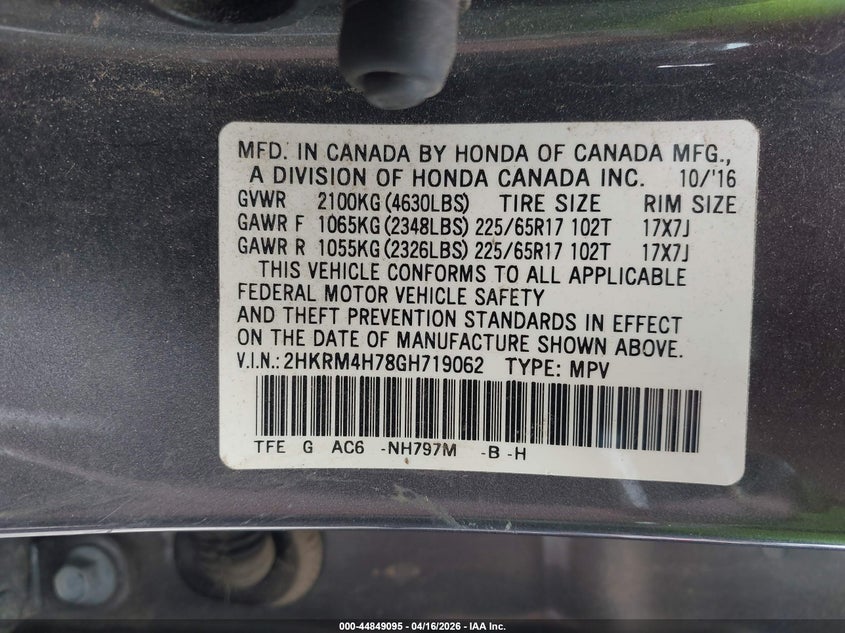 2016 Honda Cr-v 2.4 Cr-V Ex-L grey Lot 111044849095 Vin 2HKRM4H78GH719062