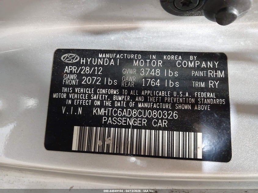 2012 Hyundai Veloster Base W/Gray VIN: KMHTC6AD8CU080326 Lot: 44849104