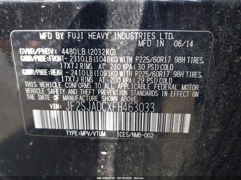 2015 Subaru Forester 2.5I Premium VIN: JF2SJADCXFH463033 Lot: 44849138