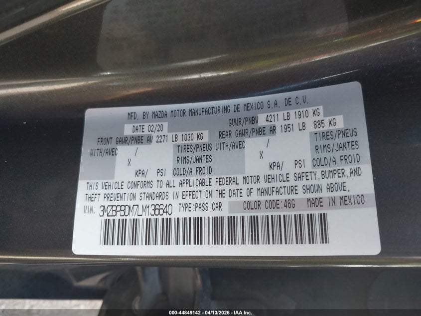 2020 Mazda Mazda3 Preferred Package VIN: 3MZBPBDM7LM136640 Lot: 44849142