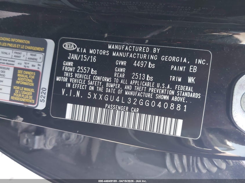 2016 KIA OPTIMA SEDAN 2.4L I-4 DI, DOHC, VVT, 185HP