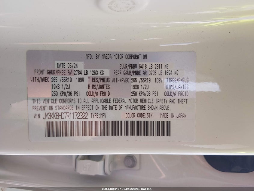 2024 Mazda Cx-90 3.3 Turbo Preferred VIN: JM3KKBHD7R1172322 Lot: 44849197