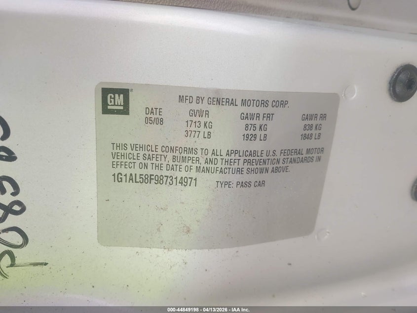 2008 Chevrolet Cobalt Lt VIN: 1G1AL58F987314971 Lot: 44849198
