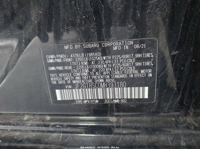 2021 Subaru Crosstrek Sport VIN: JF2GTHSC0MH393180 Lot: 44849222