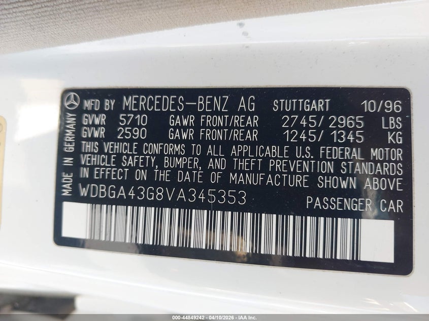 1997 Mercedes-Benz S 420 VIN: WDBGA43G8VA345353 Lot: 44849242